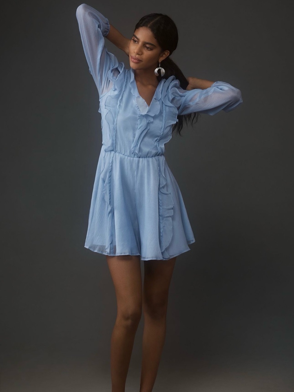 Anthropologie Hutch Long Sleeve Frilled Romper Sky Blue Mini Dress